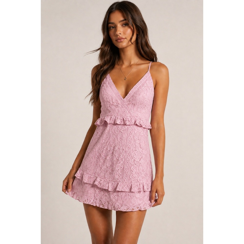 NWT Showpo Pink Lace Mini Dress Ruffle Wrap V-Neck Adjustable Straps Size 8